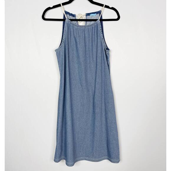 J Mclaughlin Small Blue Maria Stretch Knit Denim Rope Halter Shift Dress Cotton - Picture 1 of 11